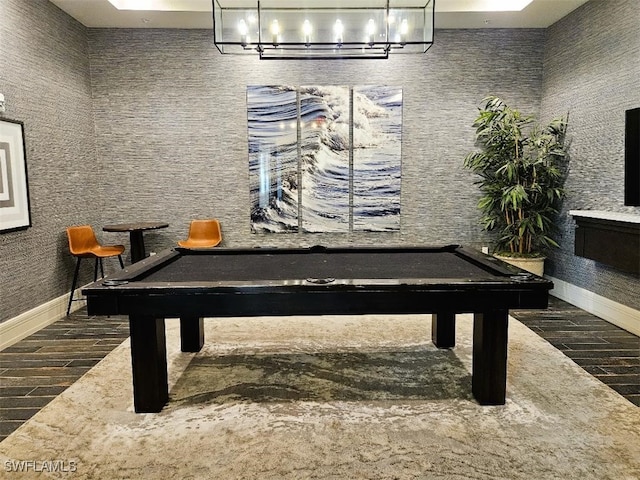 recreation room with billiards, baseboards, and wood tiled floor