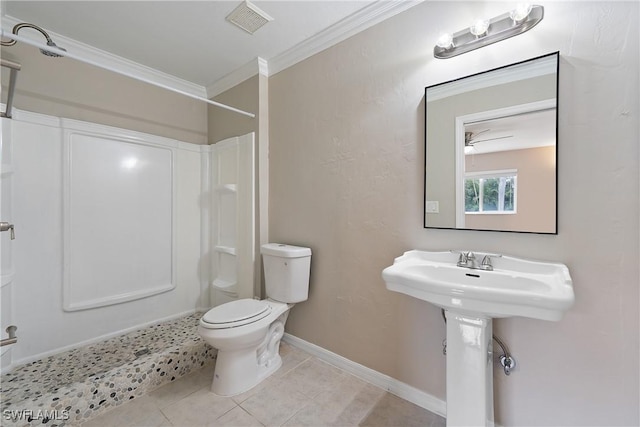 full bath featuring visible vents, toilet, ornamental molding, tile patterned flooring, and walk in shower