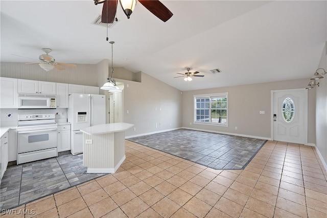 kitchen with visible vents, ceiling fan, light countertops, white cabinets, and white appliances