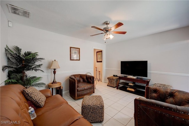 living area featuring light tile patterned floors, visible vents, and ceiling fan