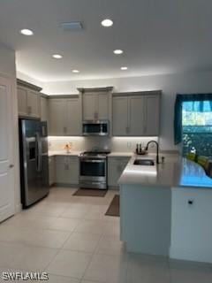 kitchen with appliances with stainless steel finishes, recessed lighting, a sink, and gray cabinetry