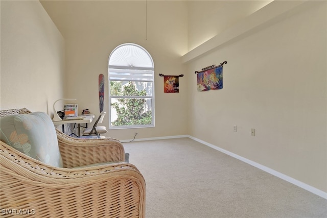 22741 Sandy Bay Dr Unit 201, Estero, FL 33928 - living area featuring baseboards, a high ceiling, and carpet