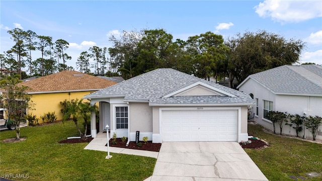 single story home featuring an attached garage, stucco siding, a front yard, and roof with shingles