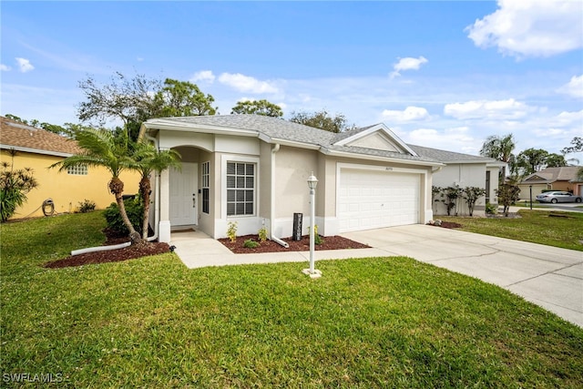 ranch-style house with a garage, a shingled roof, concrete driveway, stucco siding, and a front yard