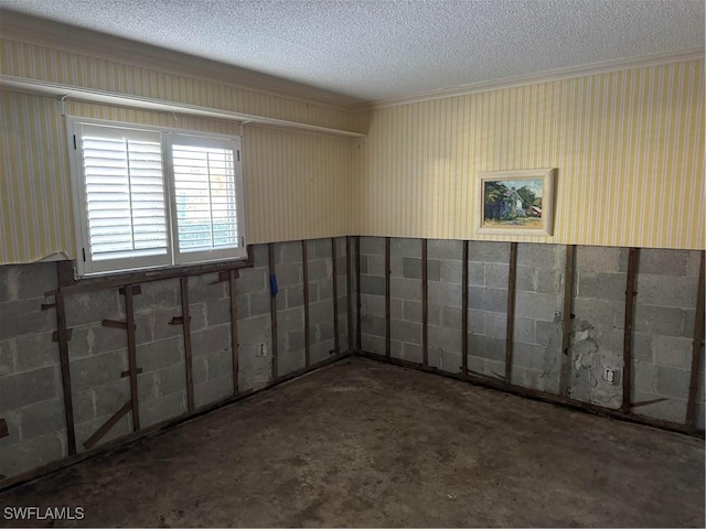 basement with ornamental molding, concrete block wall, and a textured ceiling