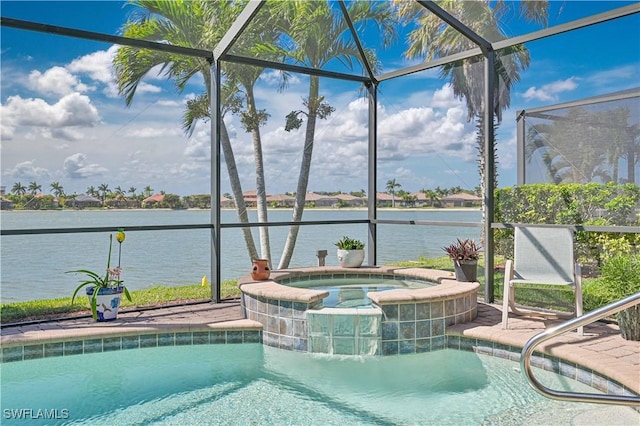 view of swimming pool featuring a water view, glass enclosure, and a pool with connected hot tub