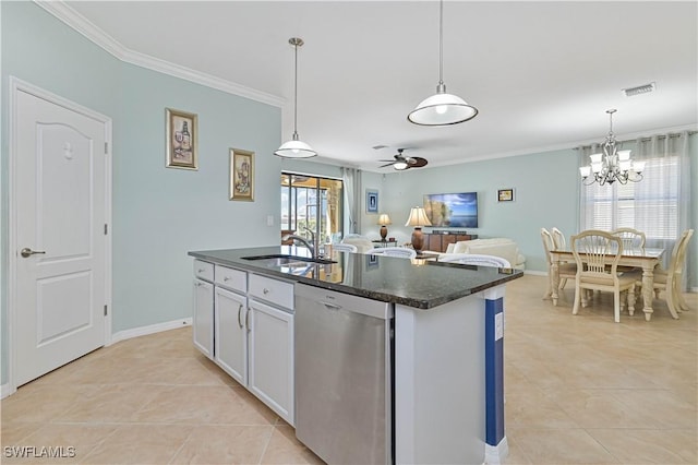 kitchen with light tile patterned floors, a sink, visible vents, ornamental molding, and stainless steel dishwasher