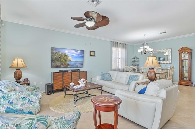 living room with light tile patterned floors, baseboards, visible vents, and crown molding