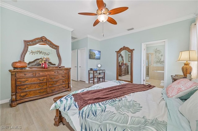 bedroom featuring ceiling fan, visible vents, baseboards, light wood-style floors, and crown molding