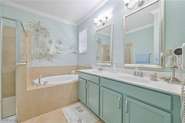 bathroom featuring a bath, a stall shower, crown molding, and a sink