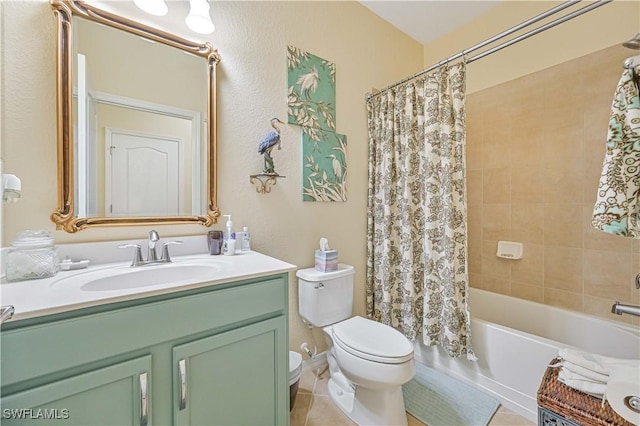 full bath with tile patterned flooring, vanity, toilet, and shower / bath combo with shower curtain