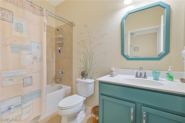 bathroom with a textured wall, toilet, shower / tub combo with curtain, tile patterned floors, and vanity