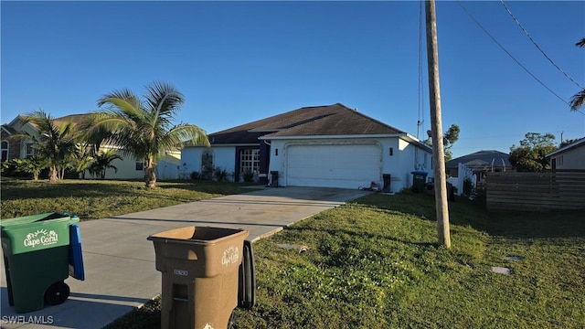 ranch-style home with fence, driveway, an attached garage, stucco siding, and a front lawn