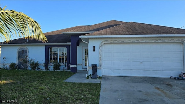 ranch-style home with a front lawn, concrete driveway, roof with shingles, stucco siding, and a garage