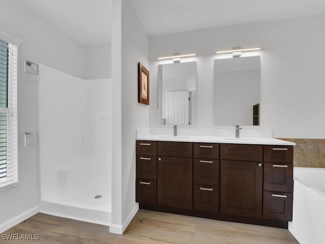 bathroom with double vanity, walk in shower, a sink, and wood finished floors