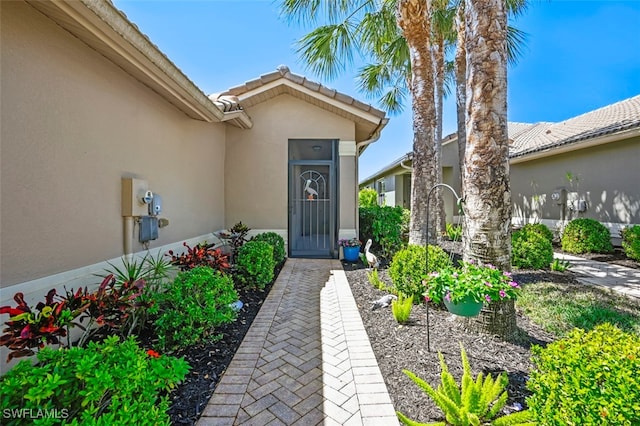 property entrance featuring stucco siding and a tiled roof