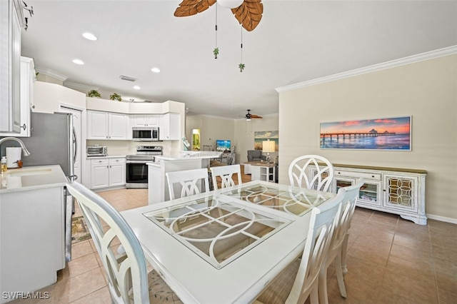 dining room featuring visible vents, a ceiling fan, recessed lighting, crown molding, and light tile patterned floors