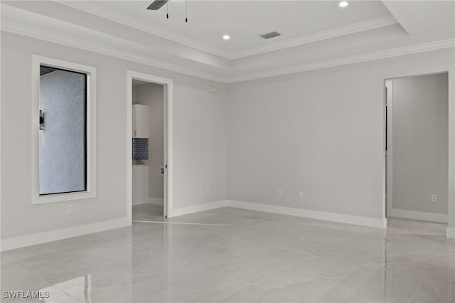 spare room with recessed lighting, visible vents, crown molding, and baseboards