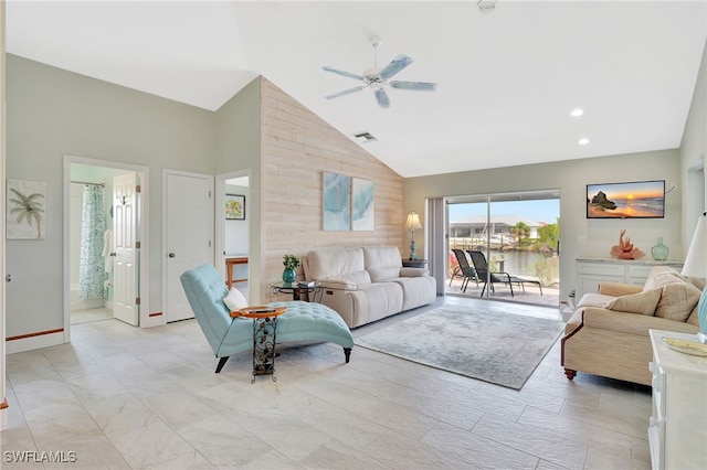 living area featuring high vaulted ceiling, recessed lighting, a ceiling fan, visible vents, and baseboards