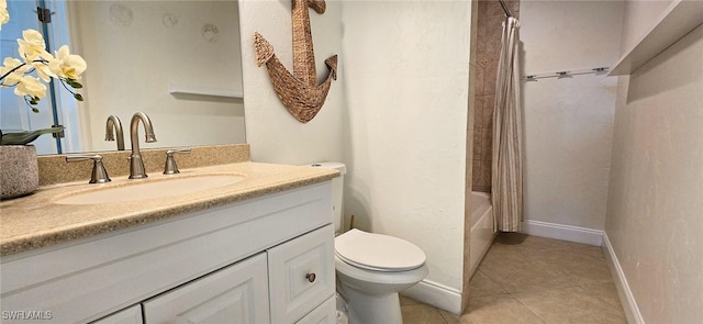 full bathroom with toilet, shower / tub combo, tile patterned flooring, baseboards, and vanity