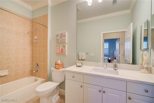 bathroom featuring toilet, bathing tub / shower combination, vanity, visible vents, and crown molding