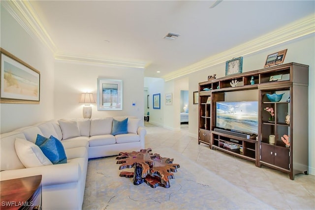 living area featuring visible vents, crown molding, baseboards, and light tile patterned flooring