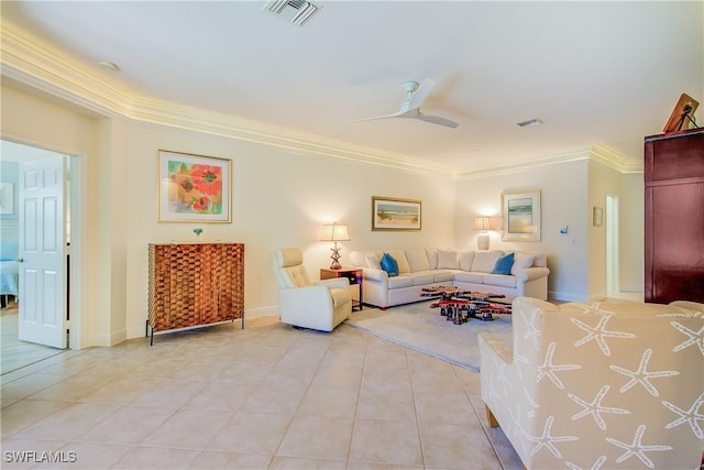 living room featuring light tile patterned flooring, a ceiling fan, baseboards, visible vents, and crown molding