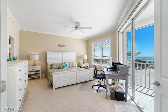 bedroom featuring ceiling fan, ornamental molding, light colored carpet, and access to exterior