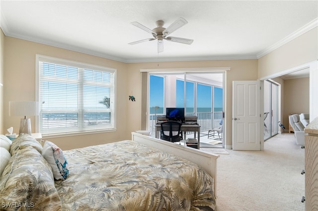 bedroom with ornamental molding, access to outside, light carpet, and ceiling fan