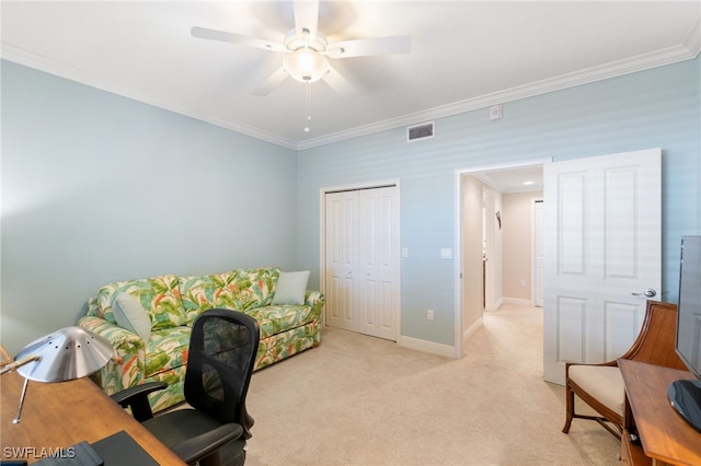 home office with baseboards, ornamental molding, visible vents, and light colored carpet