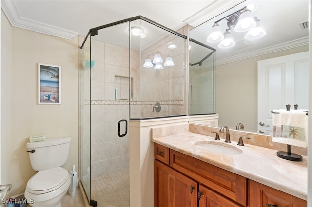 bathroom featuring toilet, ornamental molding, a shower stall, and visible vents