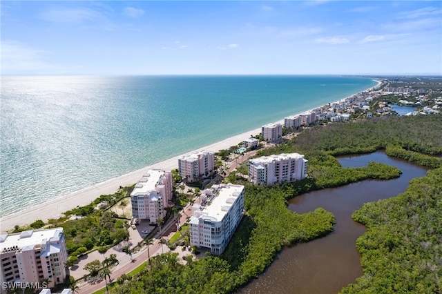 aerial view with a beach view, a water view, and a city view