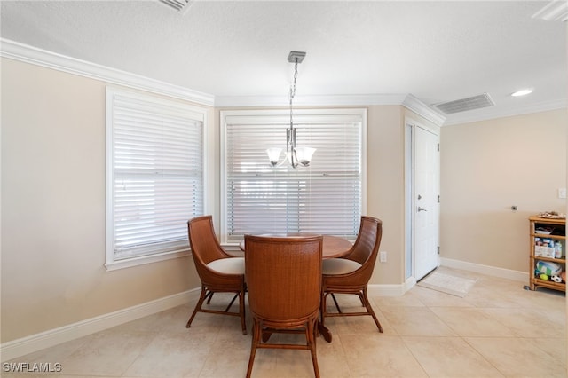 dining area featuring light tile patterned floors, baseboards, visible vents, ornamental molding, and an inviting chandelier