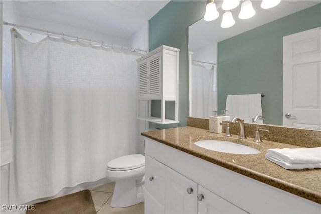full bath with curtained shower, vanity, toilet, and tile patterned floors
