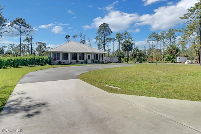 view of front of house featuring driveway, metal roof, and a front yard