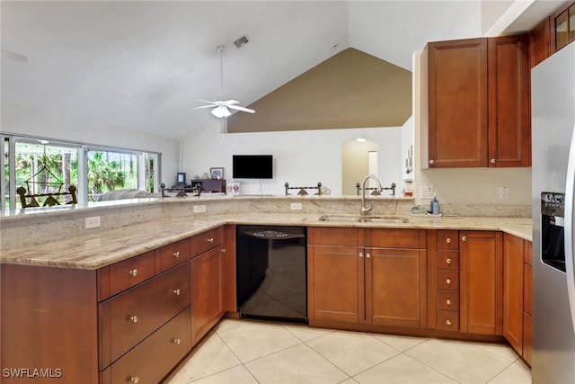 kitchen with black dishwasher, light tile patterned floors, a sink, light stone countertops, and stainless steel fridge with ice dispenser