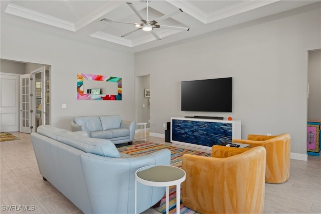 living room with ceiling fan, baseboards, coffered ceiling, and ornamental molding