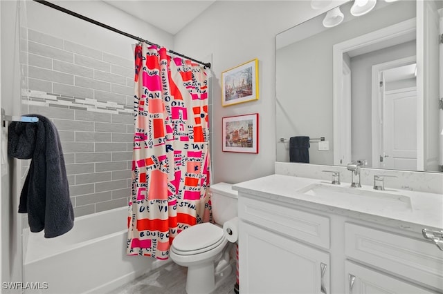 full bath featuring shower / bath combo with shower curtain, toilet, and vanity