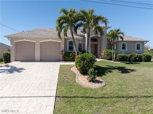 view of front of house with stucco siding, roof with shingles, an attached garage, decorative driveway, and a front yard