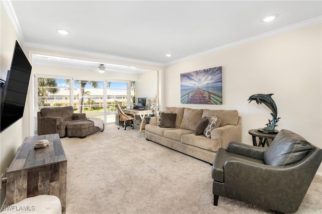 living room featuring carpet, crown molding, and recessed lighting