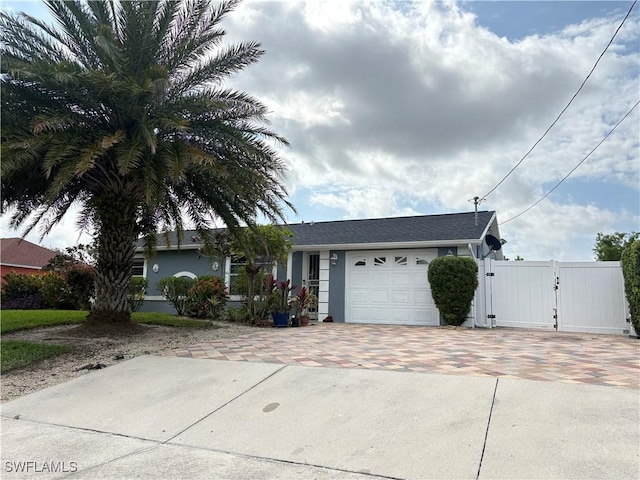 view of front facade featuring a garage, a gate, decorative driveway, and stucco siding