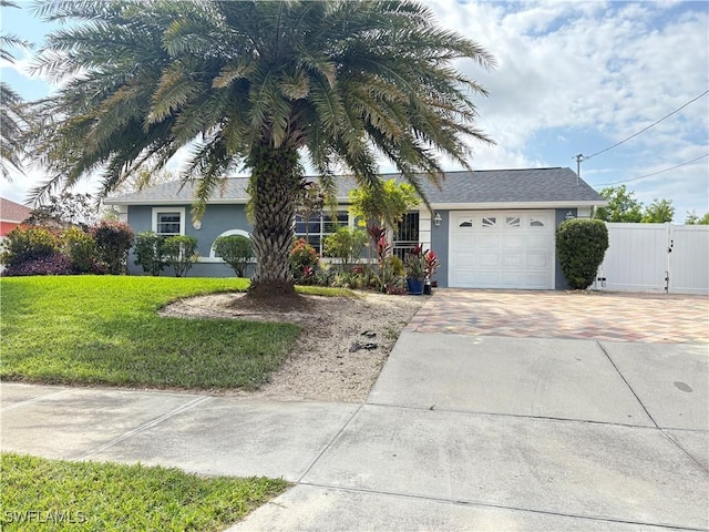 ranch-style home featuring stucco siding, decorative driveway, fence, a front yard, and a garage