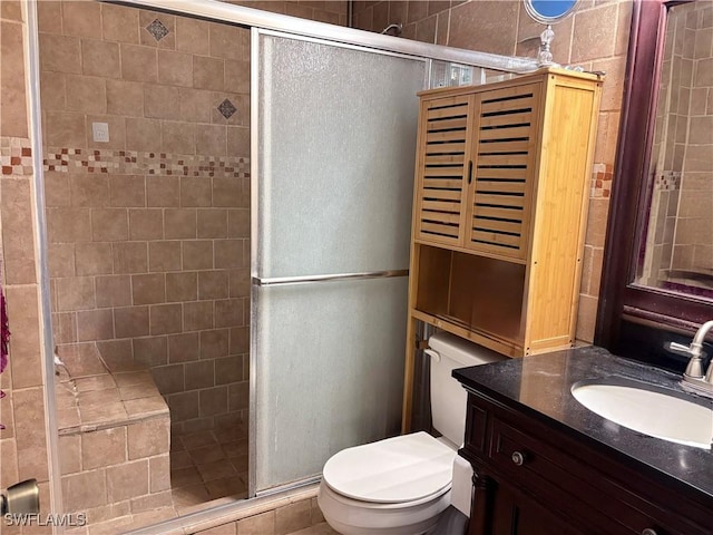 full bathroom with toilet, a shower stall, and vanity