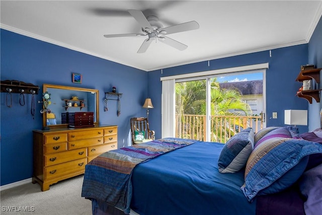 carpeted bedroom with baseboards, ceiling fan, and ornamental molding