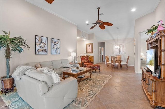 living room featuring visible vents, a high ceiling, ornamental molding, a ceiling fan, and baseboards