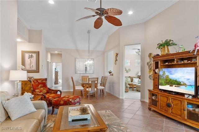 living area with recessed lighting, baseboards, lofted ceiling, ceiling fan with notable chandelier, and light tile patterned flooring