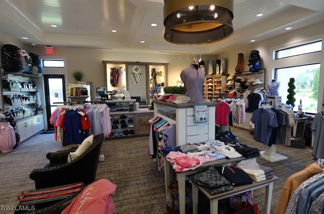 miscellaneous room featuring carpet floors, recessed lighting, and a raised ceiling