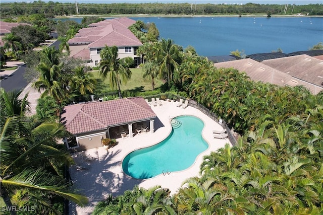 aerial view featuring a water view