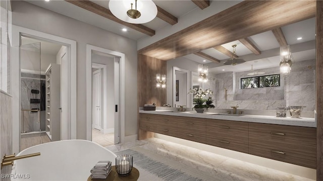 full bath featuring beam ceiling, double vanity, recessed lighting, a freestanding bath, and walk in shower