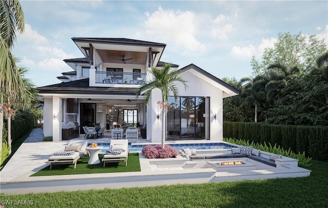 back of property featuring a patio, a balcony, a ceiling fan, an outdoor pool, and stucco siding